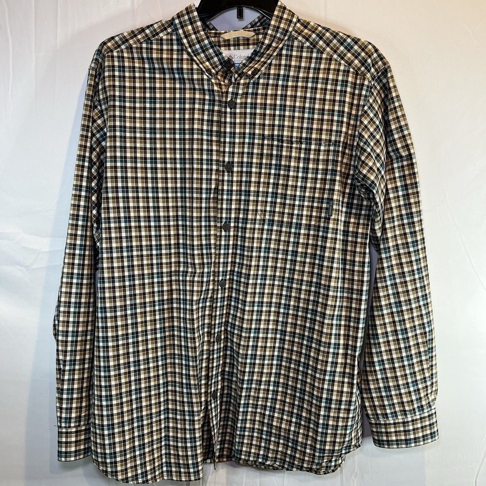Columbia Mens Green Brown Plaid Flannel Button Up Shirt Long‎ Sleeve Size L